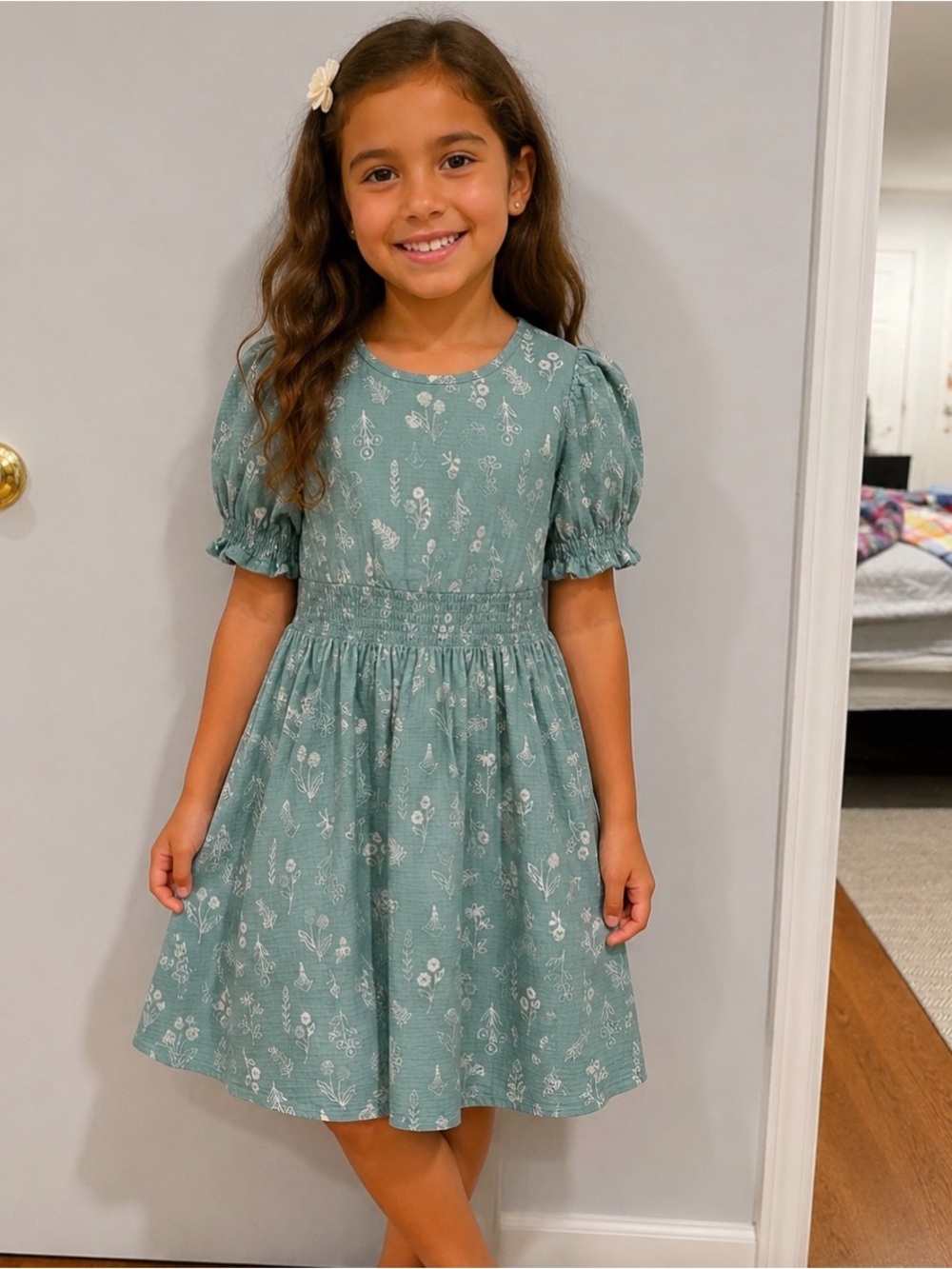 Cat & Jack Sage Green Floral Puff-Sleeve Dress